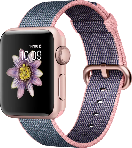 Apple Watch Series 2 (38 mm) Roze Altın Rengi Alüminyum Kasa ve Naylon Örme Uçuk Pembe/Gece Mavisi Kordon Akıllı Saat