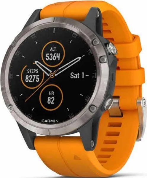 Garmin Fenix 5 Plus Sapphire Titanium with Solar Flare Orange Band Silikon (010-01988-04) Akıllı Saat