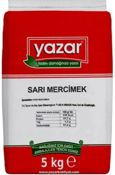 Yazar Sarı Mercimek 5 kg Bakliyat