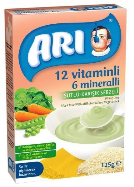 ARI 12 Vitaminli 6 Mineralli Sütlü Karışık Sebzeli Pirinç Unu 125 gr 125 gr Kaşık Mama