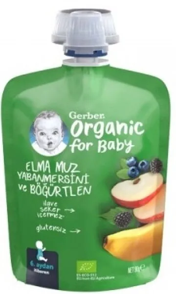 Gerber Organik Muzlu Yabanmersinli Böğürtlenli Elma Püresi 90 gr Kaşık Mama