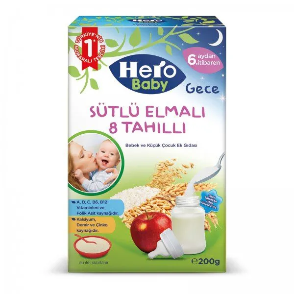 Hero Baby Gece Sütlü Elmalı 8 Tahıllı 200 gr 200 gr Kaşık Mama