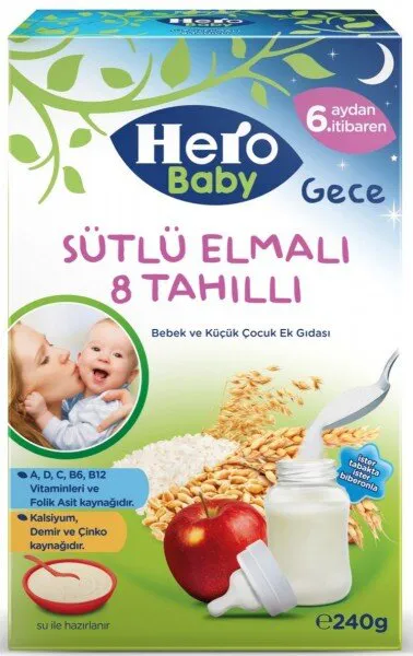 Hero Baby Gece Sütlü Elmalı 8 Tahıllı 240 gr 240 gr Kaşık Mama