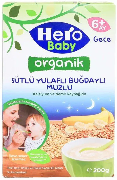Hero Baby Organik Gece Sütlü Yulaflı Buğdaylı Muzlu 200 gr Kaşık Mama