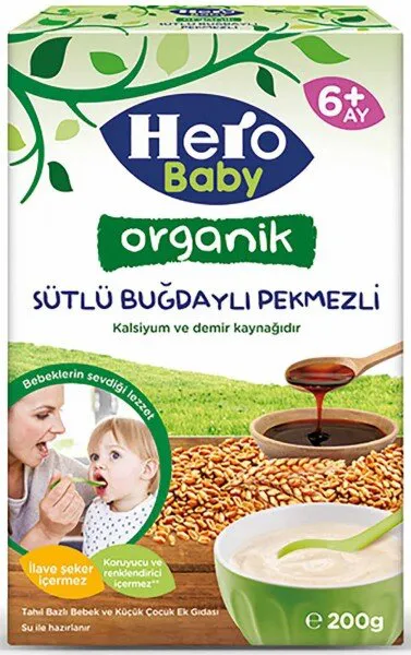Hero Baby Organik Sütlü Buğdaylı Pekmezli 200 gr Kaşık Mama