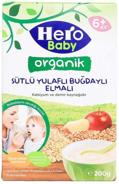 Hero Baby Organik Sütlü Yulaflı Buğdaylı Elmalı 200 gr Kaşık Mama