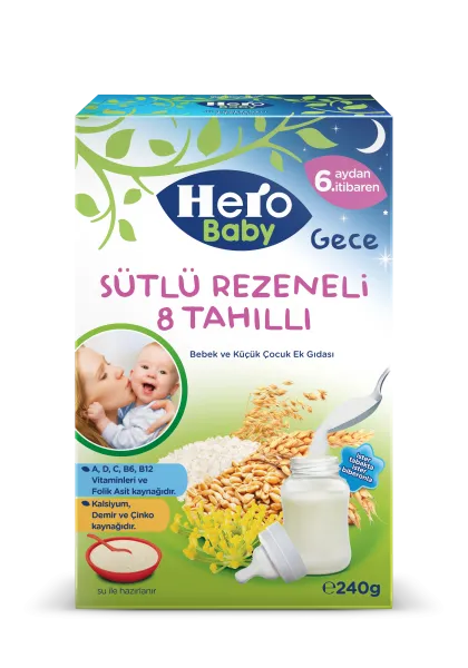 Hero Baby Gece Sütlü Rezeneli 8 Tahıllı 240 gr 240 gr Kaşık Mama