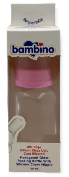 Bambino Altı Köşe Silikon Kiraz Uçlu Cam 150 ml Biberon