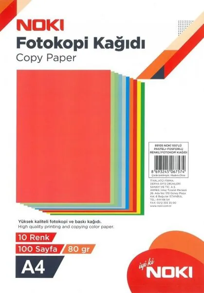 Noki A4 80g 10 Renk 100 Yaprak (89105) Fotokopi Kağıdı