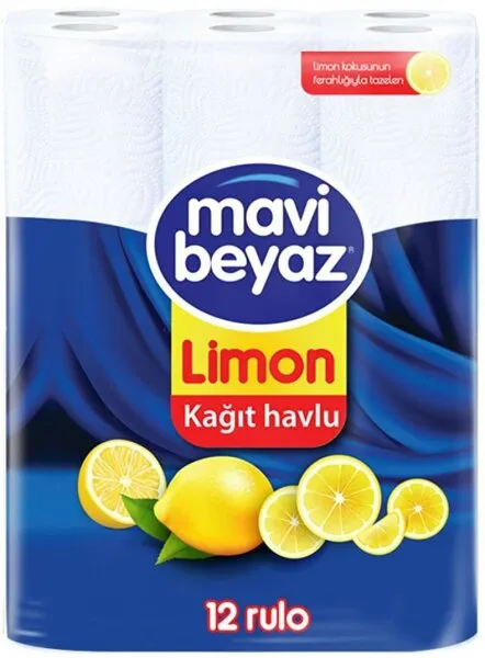 Mavi Beyaz Limon Kokulu Kağıt Havlu 12 Rulo Kağıt Havlu