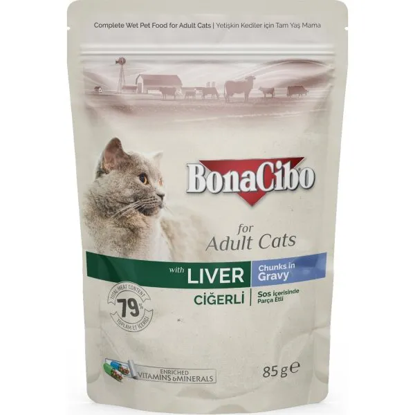 BonaCibo Soslu Ciğerli Pouch Yetişkin 85 gr Kedi Maması