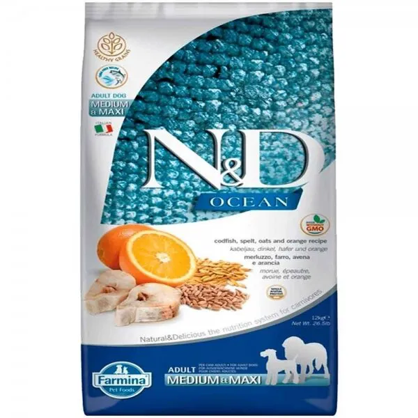 N&D Ocean Tahılsız Ringa Balıklı ve Portakallı Orta Büyük Irk 2.5 kg Köpek Maması