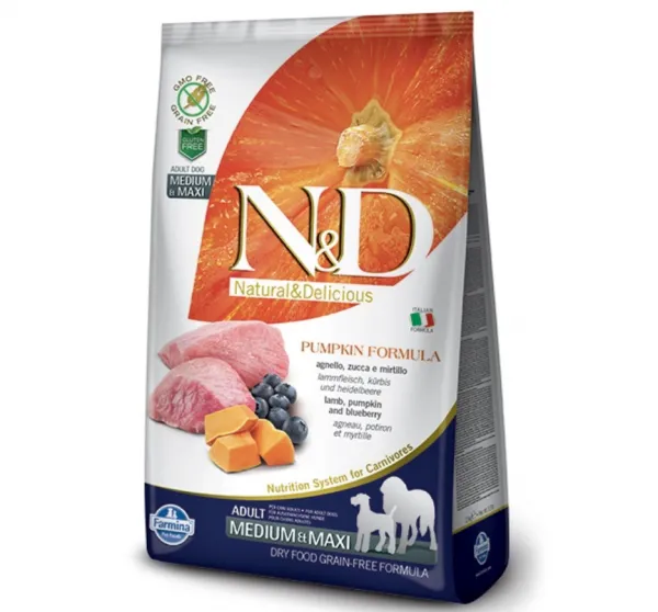 N&D Tahılsız Medium Maxi Balkabağı Kuzu Eti ve Yaban Mersinli 2.5 kg Köpek Maması