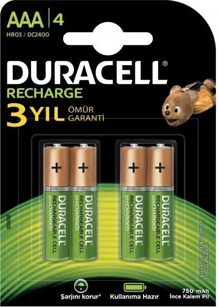 Duracell Şarj Edilebilir AAA 750 mAh 4'lü İnce Kalem Pil