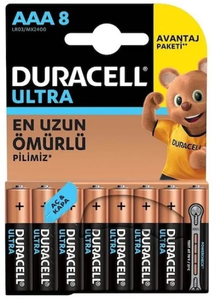 Duracell Ultra AAA 8'li (LR03/MX2400/8PK) İnce Kalem Pil