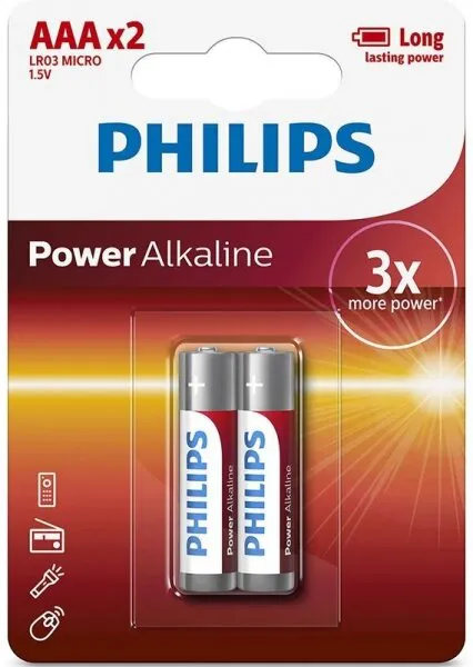 Philips Power Alkaline AAA 2'li (LR03P2B/97) İnce Kalem Pil