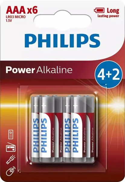 Philips Power Alkaline AAA 6'lı (LR03P6BP/10) İnce Kalem Pil