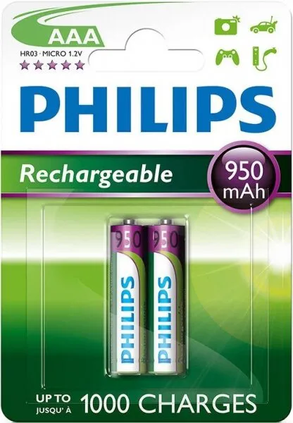 Philips Rechargeable AAA 950 mAh 2'li (R03B2A100/97) İnce Kalem Pil