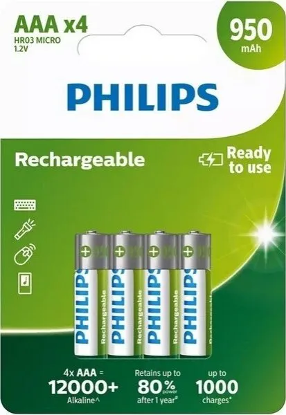 Philips Rechargeable AAA 950 mAh 4'lü (R03B4A95/10) İnce Kalem Pil