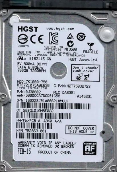 Hitachi HTS721075A9E630 HDD