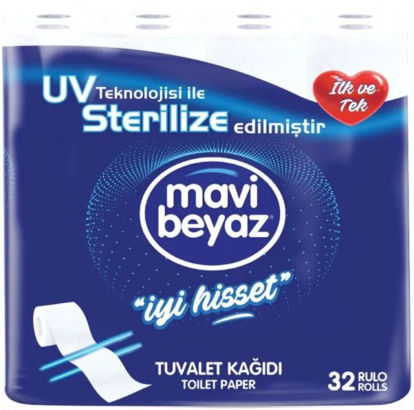 Mavi Beyaz UV Sterilize Tuvalet Kağıdı 32 Rulo Tuvalet Kağıdı